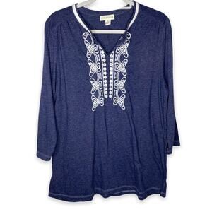 Appleseed's Embroidery Blue Tunic Dress Shirt Large